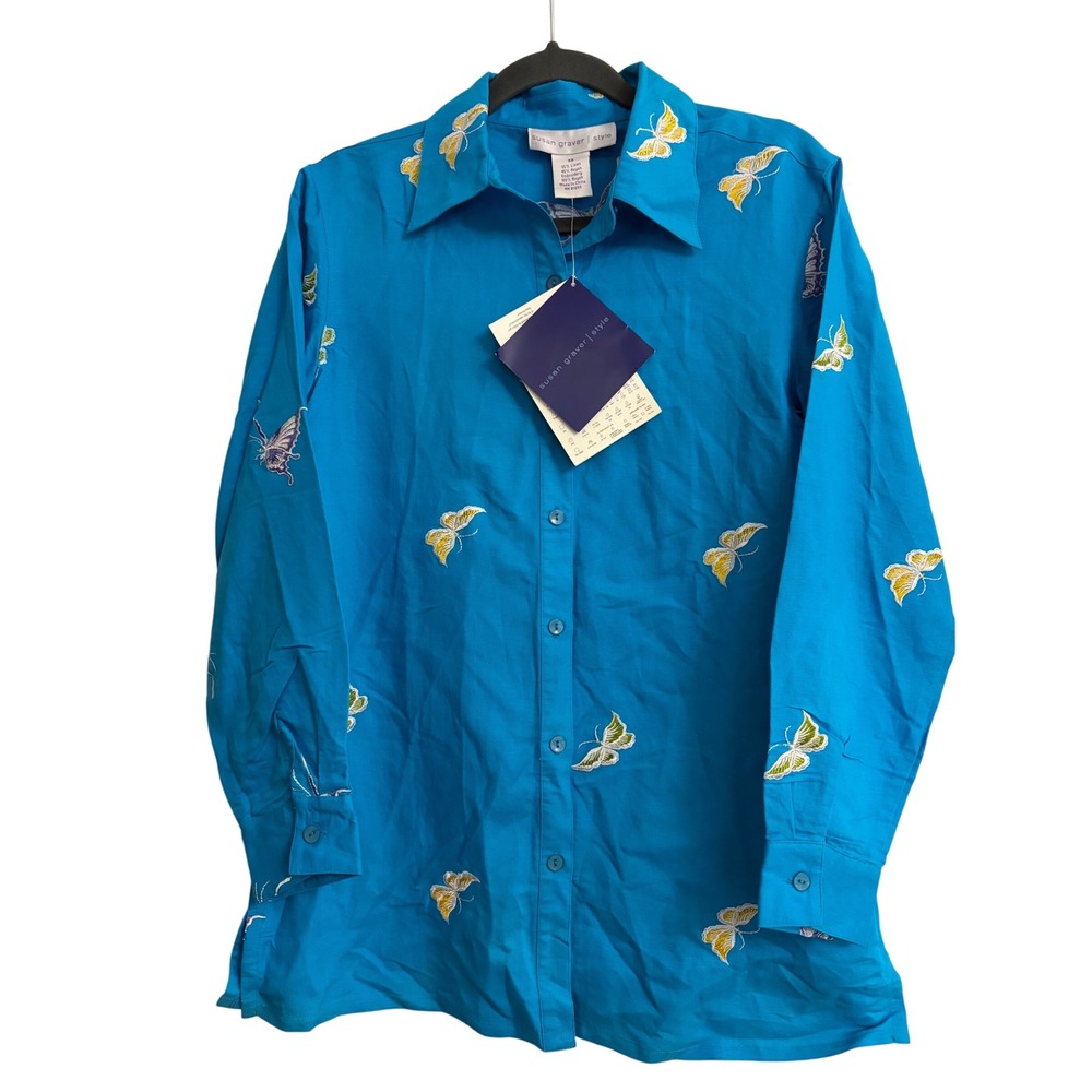 Susan Graver Butterfly Button Down XS Blue Linen, Embroidered, Boho, Spring, NWT